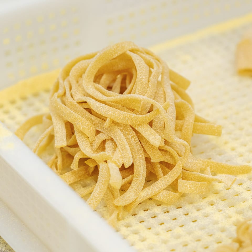 Freshly made fettuccine pasta, dusted with flour, rests on a textured white surface.