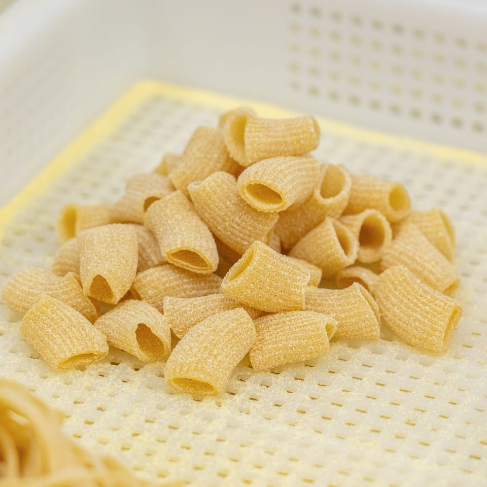 Pile of fresh, uncooked rigatoni pasta on a white drying rack at Pasta On The Fly.